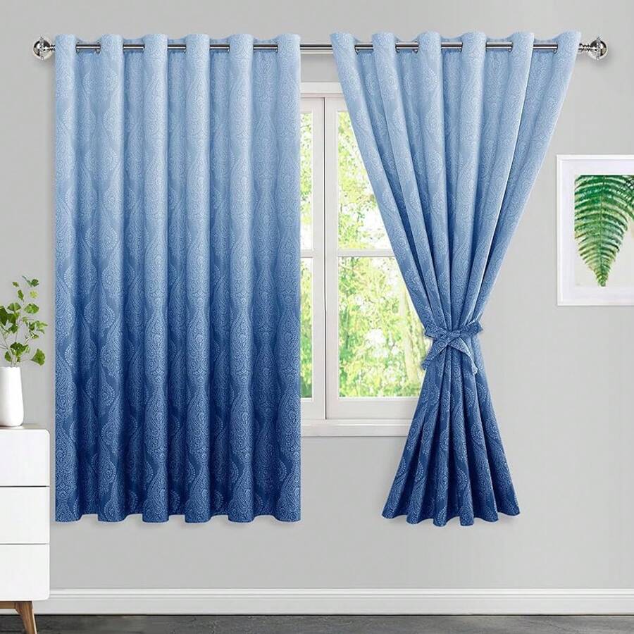 Blackout Curtains - Ombre Blue Damask Pattern Blackout Curtains