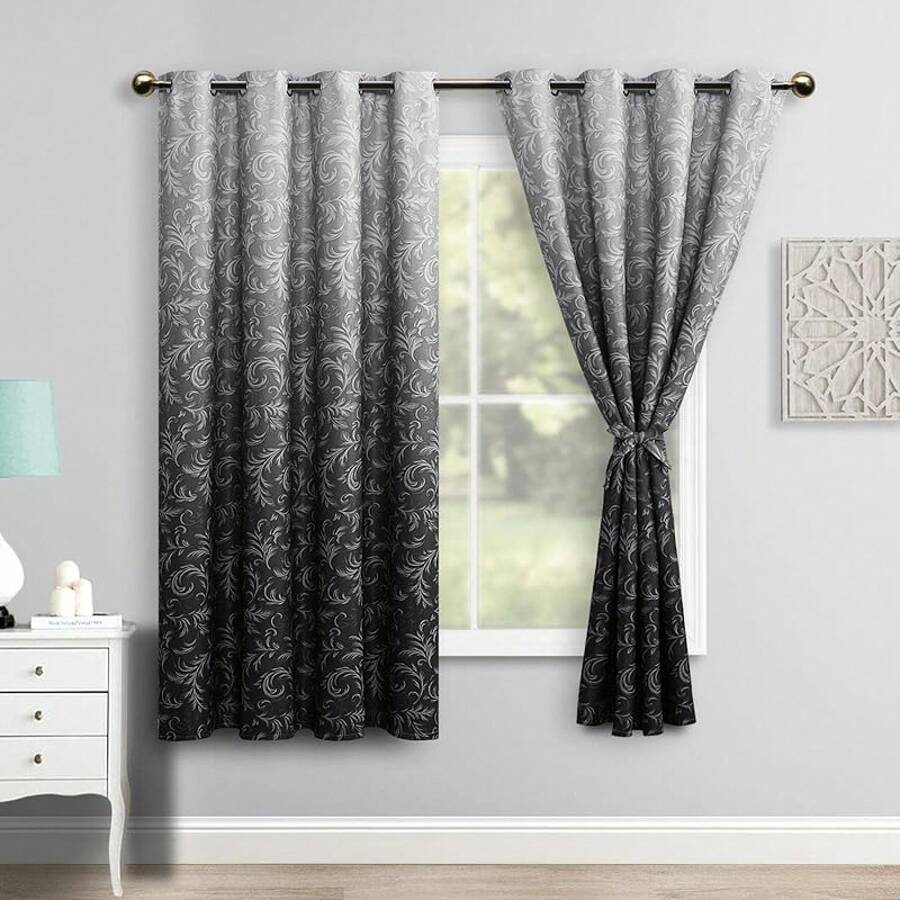 Ombre Blue Damask Pattern Blac - Blackout Curtains ulasan dan harga